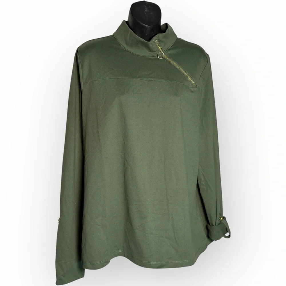 AmberNoon II SunSavy UPF50‎ Asymmetric Zip Pullover Top Dark Green Women's Large